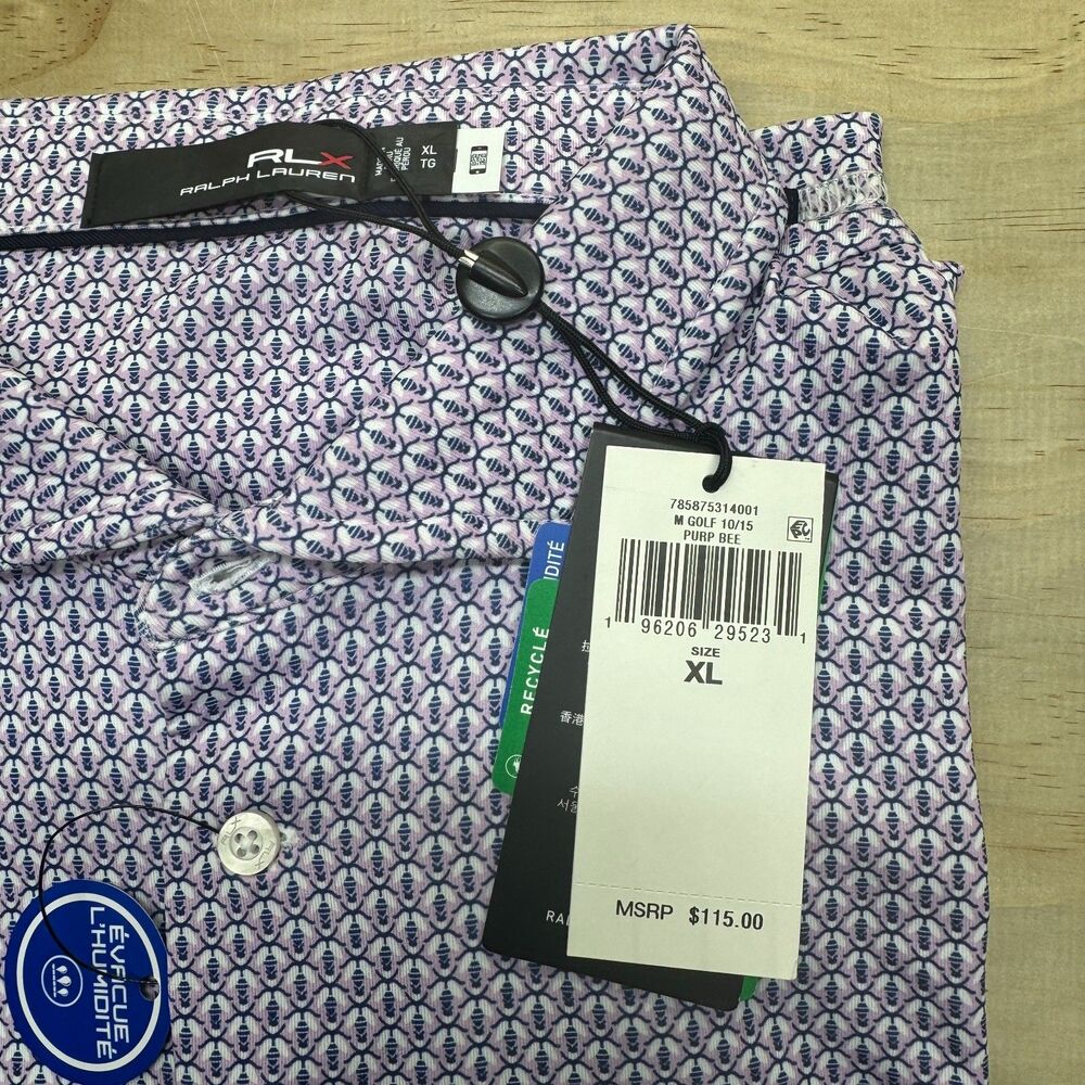 NEW RLX Ralph Lauren Golf Purple Navy Bee Print Performance Polo Shirt XL - Picture 14 of 14